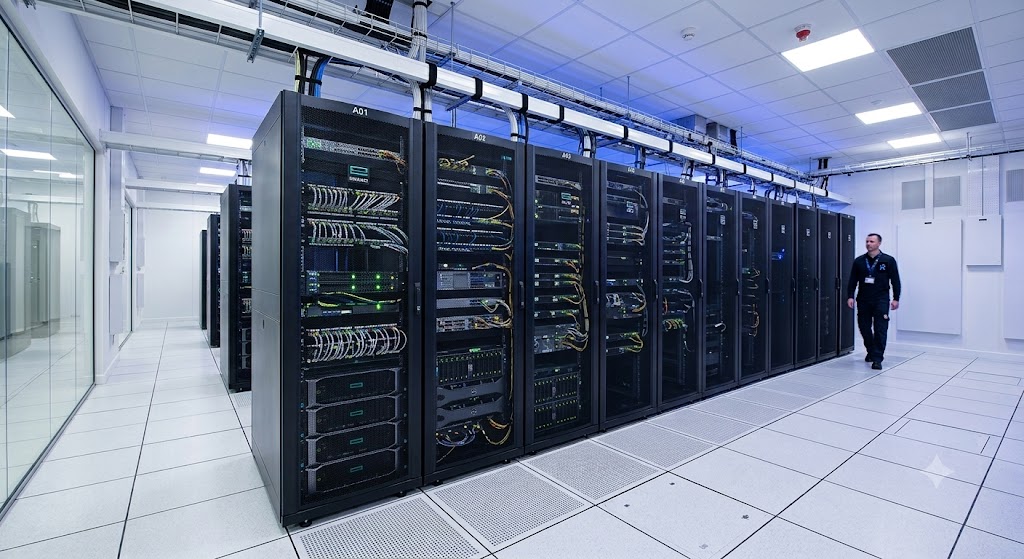 Server Room Dust: The Silent Cause of Downtime, Overheating and Failed Hardware 3 A well-maintained server room. Regular specialist cleaning keeps racks dust-free and equipment running cool.